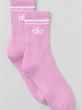 ALO Yoga Pink Crew Socks with White Stripe & Logo